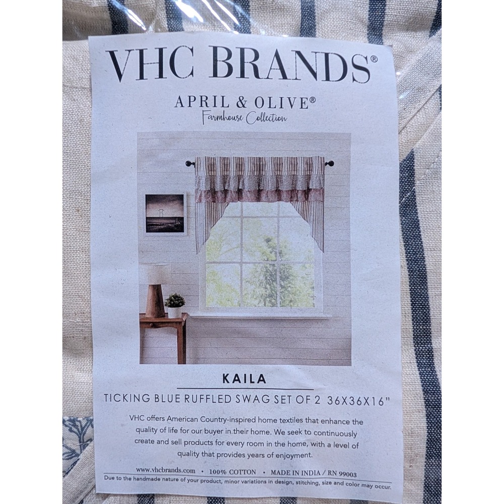 VHC Brands Kaila Ticking Blue Ruffled Set of 2 Farmhouse Collection 36x36x16